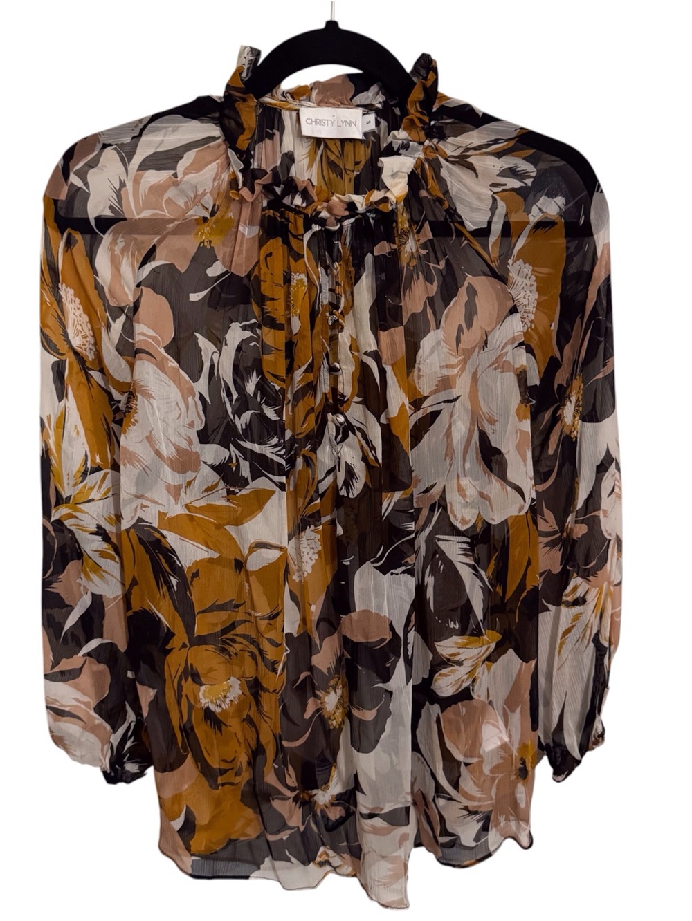 Christy Lynn Size Small Silk Sheer Floral Top Long Sleeve Blouse Button Up Boho
